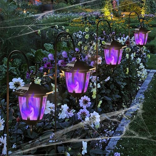 Dynaming 4 Pack Solar Halloween Flame Hanging Lights Outdoor, Flickering Flame LED Garden Lanterns with 4x38 Inch Shepherd Hooks, Landscape Lighting Waterproof for Lawn Yard Pathway Driveway, Purple - Image 6