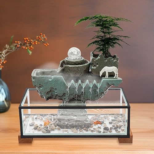 Tabletop Water Fountains Decoration, Eco Fish Tank Water Fountains with Mist LED & Fake Plants-Decor for Meditation, Good Luck Wealth, Waterfall Indoor for Home and Office - Image 3