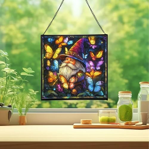 Gnome Among Butterflies Stained Glass Suncatcher – Square Hanging Window Panel for Home or Greenhouse – Whimsical Glass Art Gift for Garden Lovers, Christmas, Halloween, Father Days mExMxO - Image 2