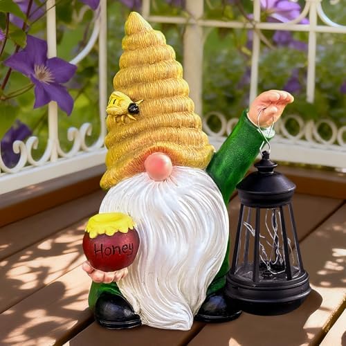 12.3'' Solar Garden Gnomes Outdoor Decor Honey Bee jar Gnome Statues with LED Lantern Autumn Patio Lawn Yard Art Decoration Fall Birthday Christmas Gardening Gifts for Mom Dad, Bee Gnome - Image 2