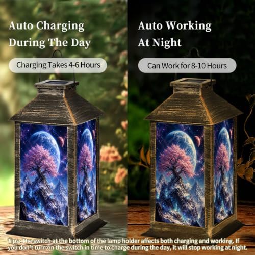 Solar Hanging Lantern Cosmic Fantasy Tree Pink Blossom Flowers Snowy Crystal Mountains Blue Waterproof LED Lights Decor Patio Yard Lawn Porch Lamp, Birthday Gift for Mom Women Garden Outdoor Decor - Image 4