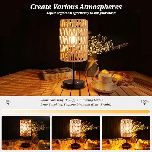 Rechargeable Outdoor Table Lamps, Rattan Boho Cordless Battery Operated Table Lamps, Patio Lamp for Living Room, Balcony, Bedside Decor- Set of 2 (Beige) - Image 4