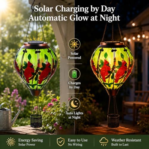 Cardinal Solar Lantern, Glass Hot Air Balloon Light with Flickering Flame - Image 5