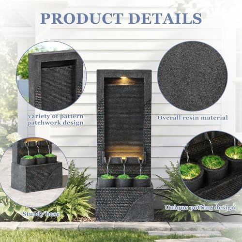 Grepatio 39" Tall Outdoor Water Fountain, Indoor Water Feature Cascading Wall with 5 LED Lights, Large Outside Resin Wtaerfall Fountains for Garden, Yard Patio Home Decor, Natural Stone Look, Gray - Image 5