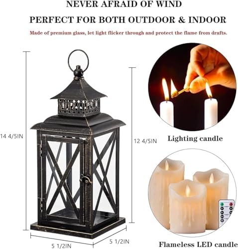 Lantern Decorative Indoor & Outdoor, Large Hanging Candle Lanterns Home Decor, Vintage Metal Candle Holders for Front Porch Patio Wedding Party, Halloween Christmas Decorations (Black) - Image 2
