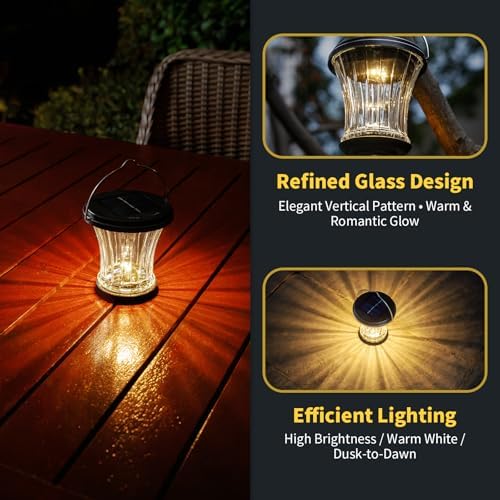 Glass Solar Lantern Outdoor, Waterproof Hanging Solar Lights for Outside with Modular Design, 3000K LED, Auto On/Off Table Lamp for Garden Patio Yard Fence Wall Decorative, Warm White(4 Pack) - Image 2
