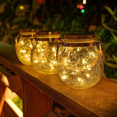 Solar Hanging Mason Jar Lights - Cracked Glass 30 LED Fairy Firefly Lantern String Lights, Outdoor Waterproof Patio Porch Garden Yard Balcony Lawn Wall Lighting Decor - Image 4