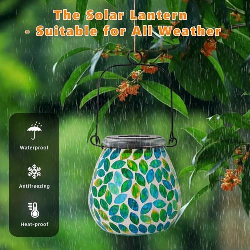 Starsoul 2 Pack Solar Lanterns Outdoor Waterproof, Unique Green Mosaic Glass Solar Garden Lights, Decorative Outdoor Lantern for Outside Patio Pathway Porch Yard Table - Image 3