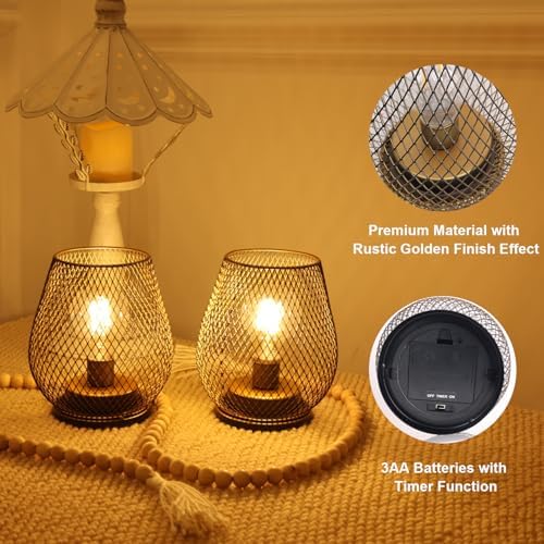 Set of 6 Battery Operated Lamp LED Table Lantern, Golden Metal Cage Cordless Lamps with LED Bulb, Vintage Decorative Outdoor Lantern for Weddings, Party, Patio, Events for Indoors Shelf Decor - Image 2