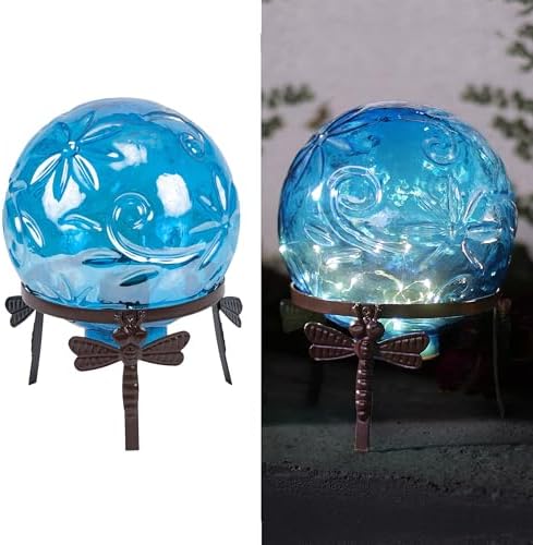 Alpine Corporation 13" Tall Indoor/Outdoor Pearlized Blue Glass LED Gazing Globe with Stand - Image 2