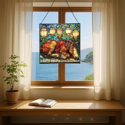 Bay Miniature Horse Curled Near Garden Lanterns Square Suncatcher – Stained Glass Style Window Panel with Pastoral Scene, Custom Decorative Hanging Art for Equestrian Home, Christmas rAWSQA - Image 6