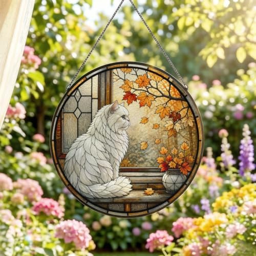 Fall Window White Cat Stained Glass Suncatcher 9.8" Colorful Window Hanging Ornament, Retro Sun Catcher Decor with Chain for Home Wall Garden Birthday Christmas Mothers Day - Image 2