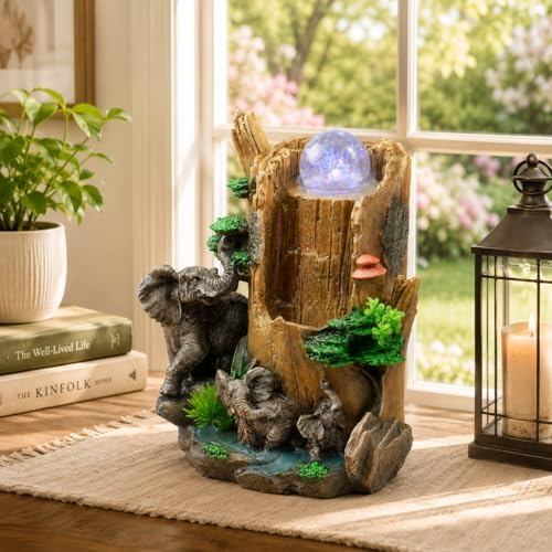 Indoor Tabletop Water Fountain with LED Light & Rolling Crystal Ball, Elephant Desktop Waterfall Fountain, Polyresin Zen Fountain for Office Desk, Living Room, Bedroom, Meditation & Home Decor - Image 5