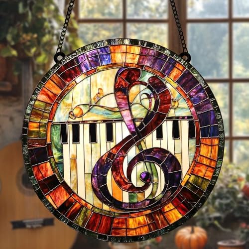 Treble Clef Piano Acrylic Suncatcher 8 Inches, Fall Decoration Indoor Outdoor, Bedroom Porch Decor, Stained Glass Effect Window Hanging, Music Lover Ornament, Pianist Gift for Her by XISZYS