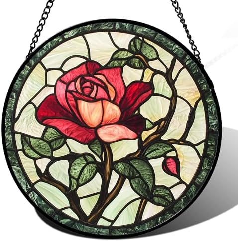 Stained Glass Window Hanging Red Rose Suncatcher Gifts for Women 9.8" by amderven
