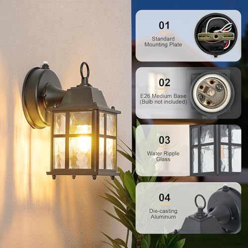 Outdoor Wall Light Fixture, Exterior Lighting Fixture Wall Mount, Black Outdoor Porch Light with Hammered Glass, Garage Wall Sconce Outside Lights, E26 Base, Aluminum Housing Plus Glass, 1-Pack, Black - Image 4
