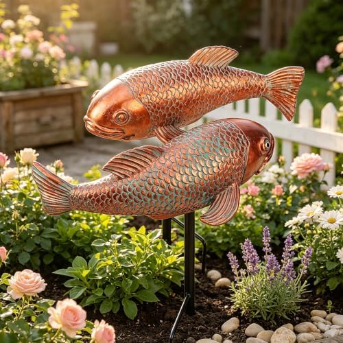 Teaeeno Antique Koi Fish Garden Statues - Set of 2 | Exquisite Fish Sculptures for Outdoor, Patio, Pond, and Garden Decorations - Image 2