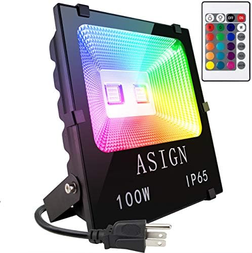 ASIGN 100W RGB LED Flood Lights, Indoor Outdoor Decoration Light Waterproof Color Changing LED Security Light with Remote Control, Dimmable Wall Washer Lights with US 3-Plug by ASIGN