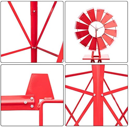 lapday 8FT Ornamental Windmill, Outdoor Backyard Garden Decoration Weather Vane, Heavy Duty Metal Wind Mill Weather Resistant (Red) - Image 3