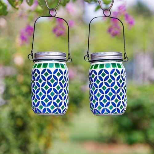 Stargarden 4 Pack Mosaic Solar Lantern , Outdoor Hanging Lantern,Blue Green - Image 4