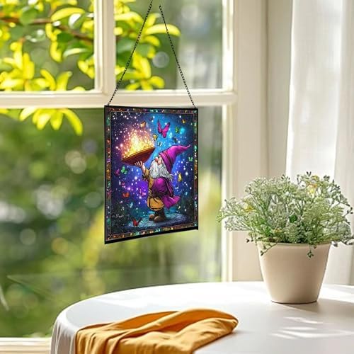 Magic Hat Gnome Stained Glass Suncatcher – Square Hanging Window Panel for Home or Greenhouse – Whimsical Glass Art Gift for Garden Lovers, Christmas, Halloween, Father Days 7Z3UEG - Image 3