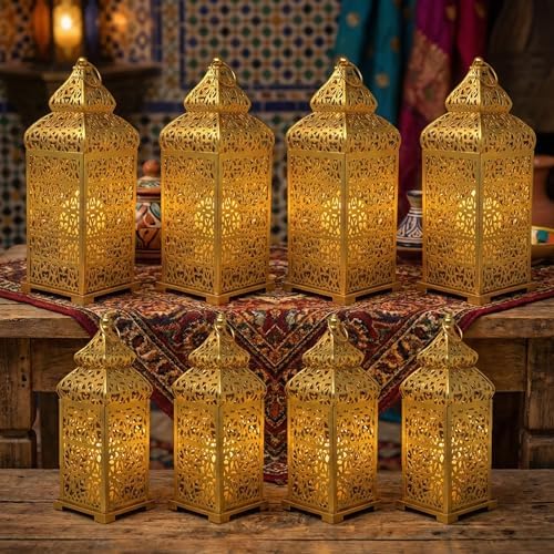 VELA LANTERNS 8pc Golden Temple Moroccan Lantern Lamp Decorative Candle Holders for Ramadan Decorations, Hanging, Outdoor Patio or Porch, Indoor Home Decor, Gold, (11" and 15" Tall) by VelaCandleLanterns