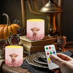 Valentines Day Flickering Flameless Candles with Remote and Timer Battery Operated Candles Pink Rose Highland Cattle Print 4Pcs LED Pillar Tea Lights for Home Decor - Image 4