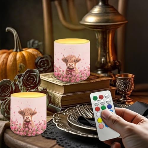 Valentines Day Flickering Flameless Candles with Remote and Timer Battery Operated Candles Pink Rose Highland Cattle Print 4Pcs LED Pillar Tea Lights for Home Decor - Image 4