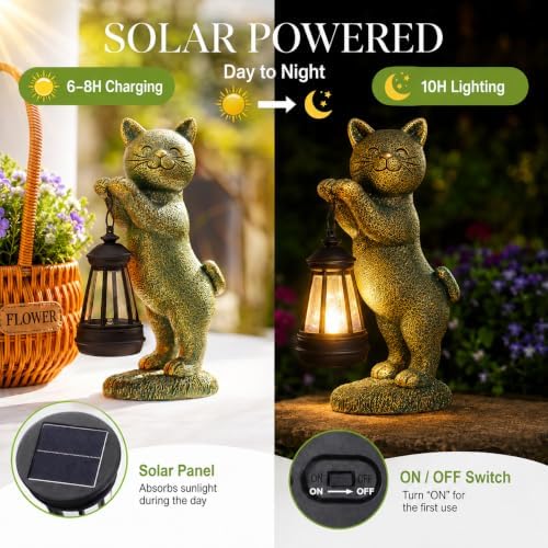 Nacome Cat Outdoor Statues for Garden with Solar Lantern - Image 6