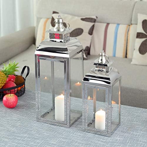 JHY DESIGN Set of 2 Stainless Steel Decorative Candle Lanterns 20.5"&15" High Metal Candle Lanterns for Indoor Outdoor Events Parities Weddings Vintage Style Hanging Lantern - Image 3