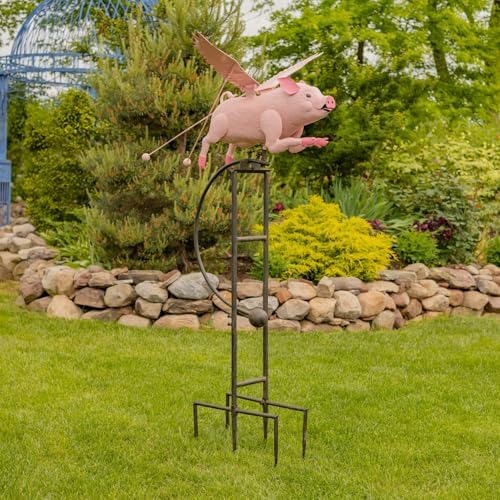 Large Rocking Animals with Flapping Wings Garden Stakes (Antique Pink, Flying Pig) - Image 2