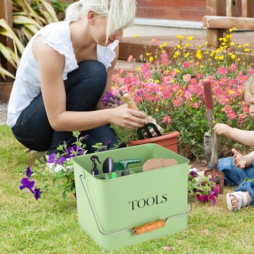 Garden Tool Organizer, Metal Tool Caddy with 3 Compartments, Portable Garden Tool Basket with Handle, Gardening Tool Kit Holder Empty, Garden Tool Storage for Indoor and Outdoor Use - Green - Image 3