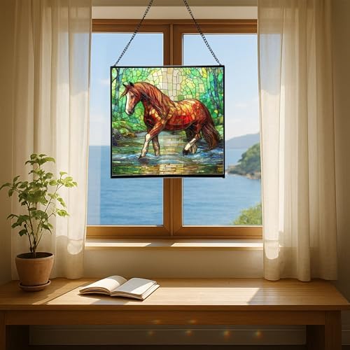 Chestnut Tennessee Walking Horse Stepping Through Shallow Creek Square Suncatcher – Stained Glass Style Window Panel with Scene, Custom Decorative Hanging Art for Equestrian Home, Christmas 9N2Zu1 - Image 6