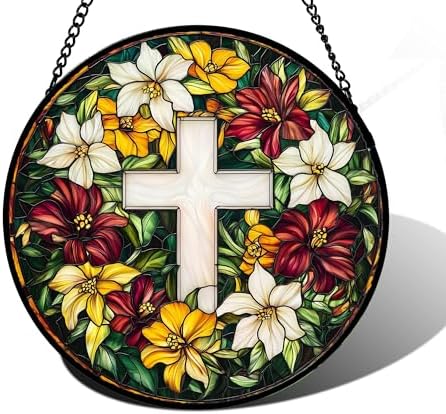 Christian Cross Flowers Stained Glass Window Hanging Suncatcher Gifts 9.8" by DASTOLL