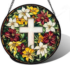 Christian Cross Flowers Stained Glass Window Hanging Suncatcher Gifts 12" by DASTOLL