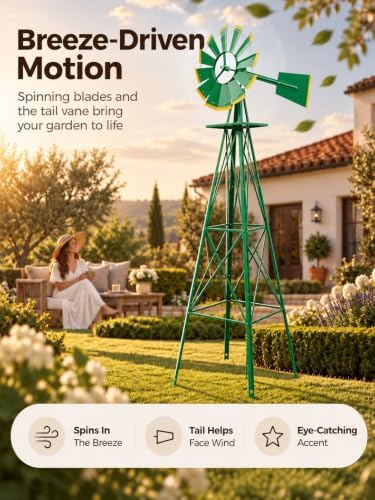 8FT Windmill for Yard Garden Decoration，Heavy Duty Outdoor Wind Mills, Large Metal Outdoor Windmill, Weather Resistant,Green - Image 4