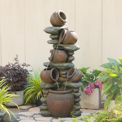 Bumilgar 5-Jug Rock Outdoor Water Fountain with LEDs, 60 in - Image 2