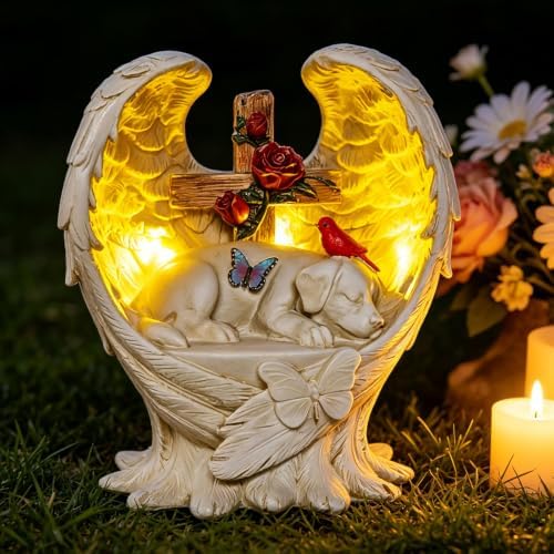 Solar Dog Memorial Stone with Wings Cross Cardinal Passing Away Gift by YHSOLAR