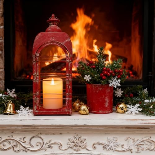 Vintage Red Metal Candle Lantern 2Pcs 25in & 20in Distressed Rustic Large Lanterns Farmhouse Hanging Candle Holder Lantern for Indoor & Outdoor Front Porch Patio Xmas Decor（NO Glass） - Image 3