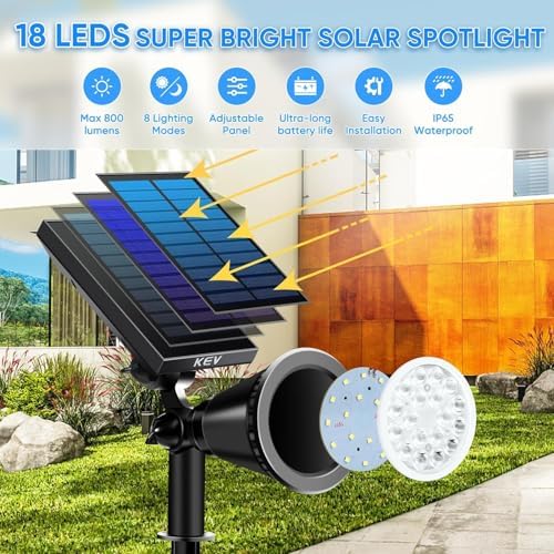 KEV Solar Spot Lights Outdoor,18 LEDs Color Changing RGB Solar Flood Lights with 8 Modes &IPX65 Waterproof,Halloween Solar Spotlight for Driveway/Backyard/Landscape/Tree(Multicolor,2 Pack) - Image 2