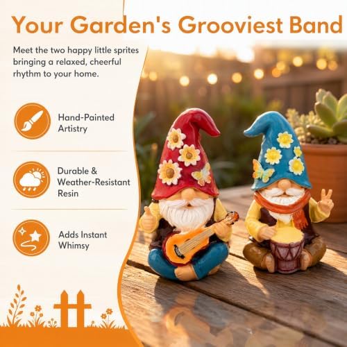 2Pack Garden Gnome Outdoor Statue, Fun Guitar and Drum Dwarf Rock Music Decoration, 6'' Hand Drawn Resin, Unique Home Gift for Music Enthusiasts and Gardeners - Image 2