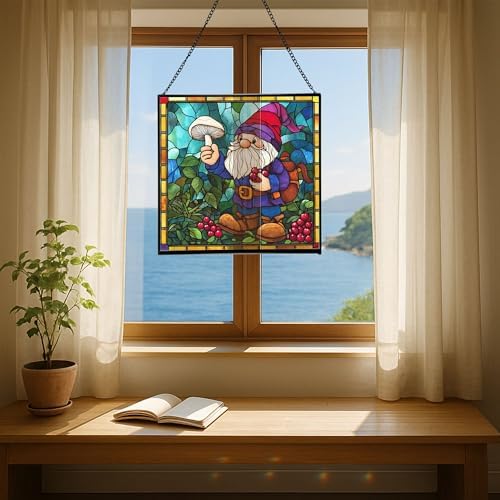 Gnome with Berry Dyes Stained Glass Suncatcher – Square Hanging Window Panel for Home, Garden, Nursery, Halloween, Christmas, Memorial Day – Whimsical Glass Art Gift for Gnome Lovers r1sbo0 - Image 6