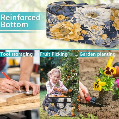 Navy Blue Floral Garden Tool Bag Organizer Heavy Duty Yellow Flowers Gardening Tote Bag with 10 Pockets for Women Men Gardening Gifts - Image 7