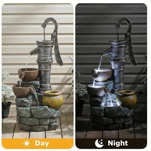 32 Inch Freestanding Outdoor Fountain with Vintage Pump for Garden Decor - Image 4