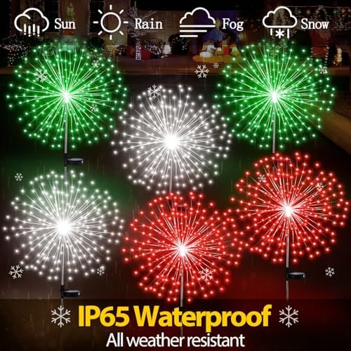 Tujoe 9 Pcs Christmas Solar Firework Stake Lights 180 LED 8 Modes Solar Waterproof LED Sparkler Lights Outdoor Decoration for Garden Patio Yard Pathway Walkway Lawn (Red Green White) - Image 5