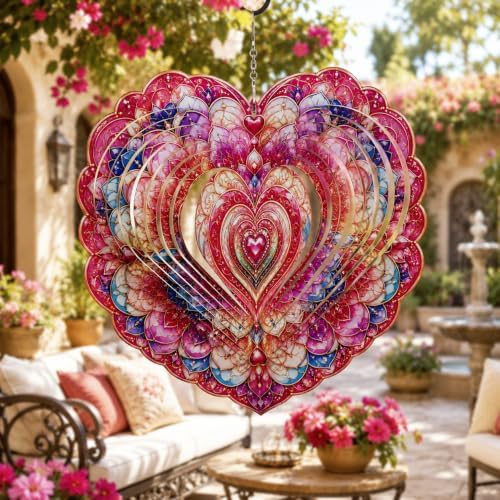 Shwing 12 Inch Wind Spinner Heart Floral Hanging Decor Romantic Valentine Metal Ornament Double Sided Outdoor Kinetic Garden Art 3D Wind Spinner for Patio Porch Balcony Backyard Tree Decoration by Unknown