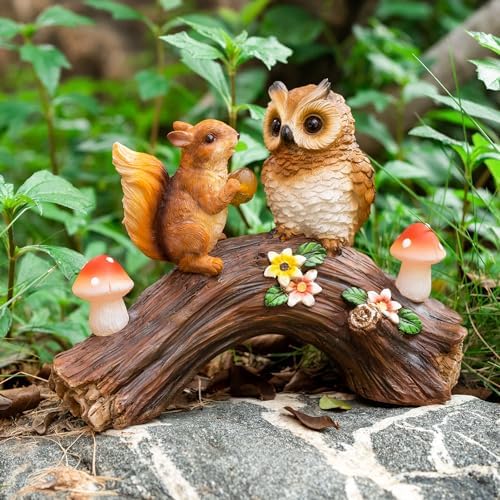 Solar Owl Garden Statues Outdoor Decor Resin Owl Squirrel Figurine with Mushroom Lights for Patio Lawn Yard Decorations Christmas Birthday Housewarming Gardening Gifts for Women Mom - Image 2