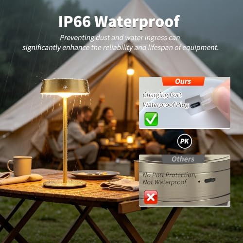 Mr.White Solar Waterproof Outdoor Rechargeable Cordless Table Lamps, Set of 2 Touch Dimmable Operated Battery Table Lights for Patio, Restaurant, Kitchen (Gold) - Image 6