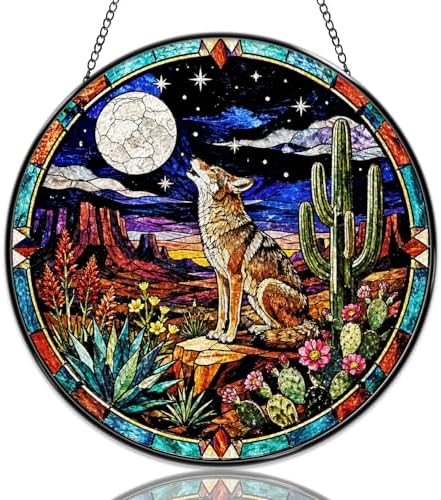 Stained Glass Window Hanging Howling Coyote and Desert Moon Sun Catchers Southwestern Landscape Suncatchers Decorative for Home Garden Outdoor & Indoor Colorful Gift 9.8 Inch by Unknown