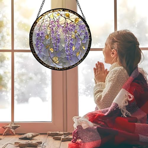 Wisteria Stained Glass Window Hanging Suncatcher Purple Gift for Women 12" - Image 2